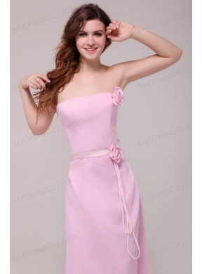 Strapless Baby Pink Hand Made Flowers Tea-length Prom Dress