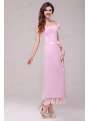 Strapless Baby Pink Hand Made Flowers Tea-length Prom Dress