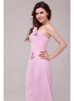 Strapless Baby Pink Hand Made Flowers Tea-length Prom Dress