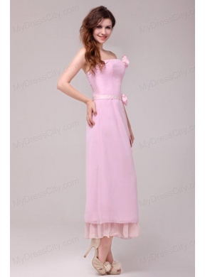 Strapless Baby Pink Hand Made Flowers Tea-length Prom Dress