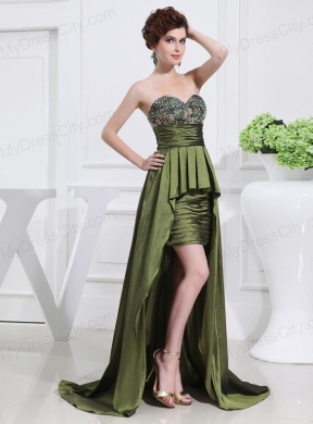 Sweetheart High-low Beading,Ruching Taffeta Olive Green Prom Dress