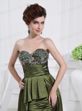 Sweetheart High-low Beading,Ruching Taffeta Olive Green Prom Dress