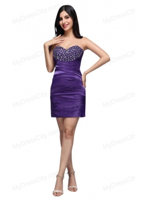 Sweetheart Mini-length Beaded Decorate Brust Column Purple Prom Dress