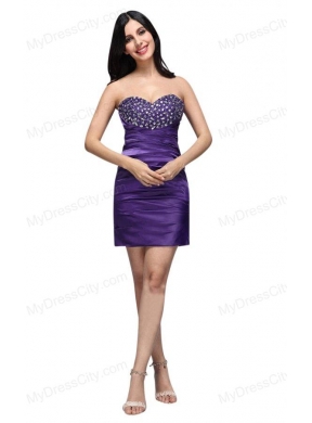 Sweetheart Mini-length Beaded Decorate Brust Column Purple Prom Dress