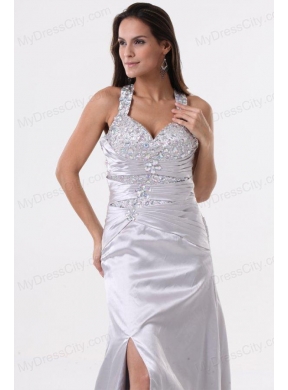 Watteau Train Silver Straps High Slit Prom Dress with Beading