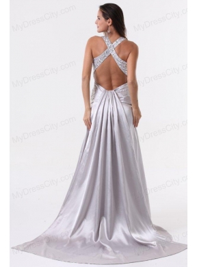 Watteau Train Silver Straps High Slit Prom Dress with Beading