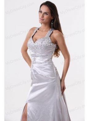 Watteau Train Silver Straps High Slit Prom Dress with Beading