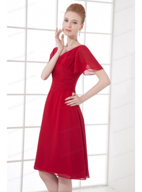 Wine Red Empire Ruching V-neck Short Sleeves Prom Dress