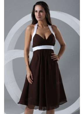 Brown Halter Top Ruching Chiffon Knee-length Prom Dress