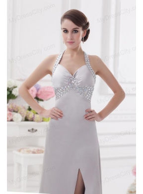 Column Halter top High Slit Beading Prom Dress in Light Grey