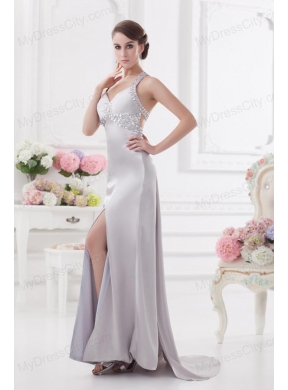 Column Halter top High Slit Beading Prom Dress in Light Grey