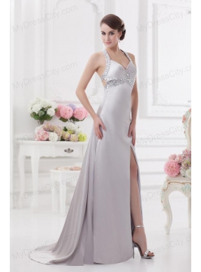 Column Halter top High Slit Beading Prom Dress in Light Grey