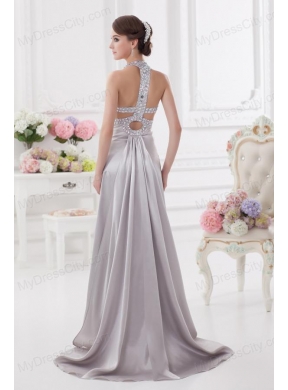 Column Halter top High Slit Beading Prom Dress in Light Grey