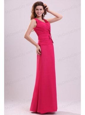 Column V-neck Ruching Hot Pink Prom Dress with Chiffon