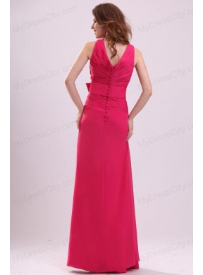 Column V-neck Ruching Hot Pink Prom Dress with Chiffon