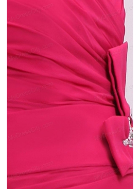 Column V-neck Ruching Hot Pink Prom Dress with Chiffon