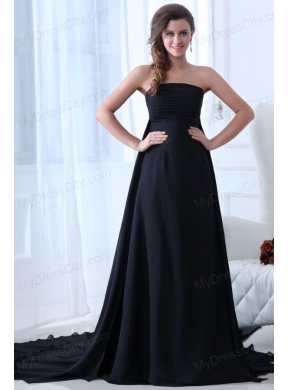 Empire Black Strapless Chapel Train Ruching Prom Dress