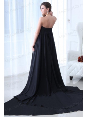 Empire Black Strapless Chapel Train Ruching Prom Dress