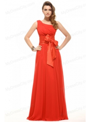 Empire Coral Red One Shoulder Bow Ruching Chiffon Prom Dress