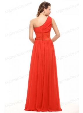 Empire Coral Red One Shoulder Bow Ruching Chiffon Prom Dress