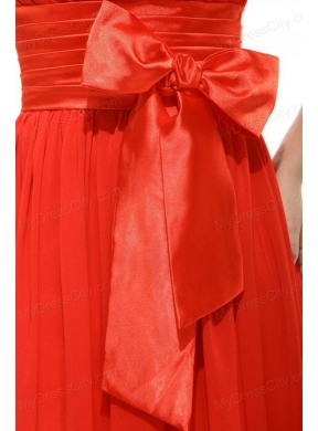 Empire Coral Red One Shoulder Bow Ruching Chiffon Prom Dress