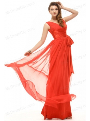 Empire Orange Red V-neck Ruching Chiffon Prom Dress