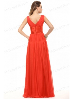 Empire Orange Red V-neck Ruching Chiffon Prom Dress