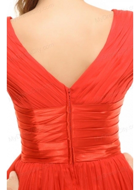 Empire Orange Red V-neck Ruching Chiffon Prom Dress