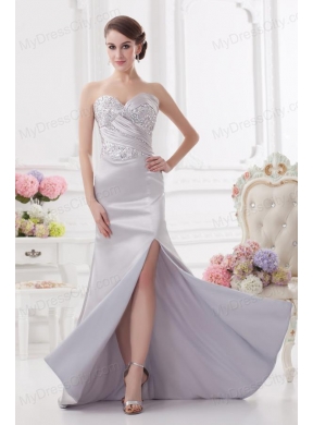 Light Grey Column Sweetheart Prom Dress with Ruching and Beading