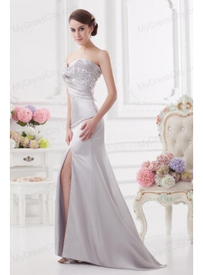 Light Grey Column Sweetheart Prom Dress with Ruching and Beading