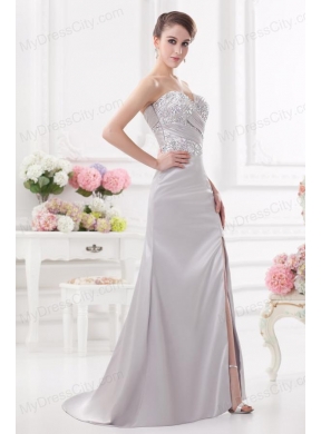 Light Grey Column Sweetheart Prom Dress with Ruching and Beading