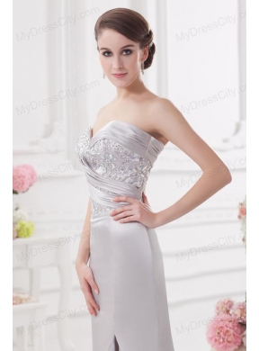 Light Grey Column Sweetheart Prom Dress with Ruching and Beading