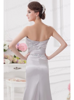 Light Grey Column Sweetheart Prom Dress with Ruching and Beading