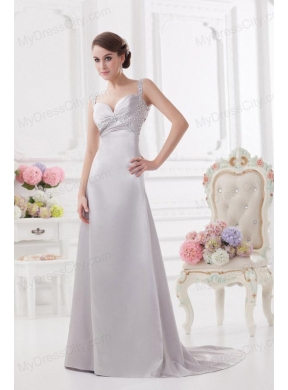 Light Grey Straps Column Prom Dress with Beading and Ruching