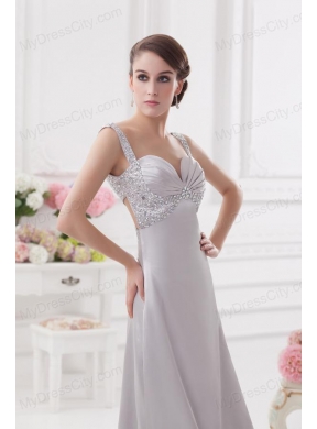 Light Grey Straps Column Prom Dress with Beading and Ruching