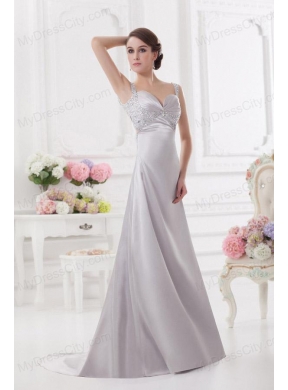 Light Grey Straps Column Prom Dress with Beading and Ruching