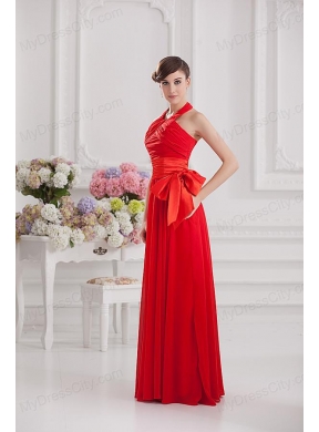 Ruching and Bowknot Halter Top Empire Prom Dress in Red