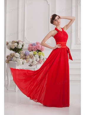 Ruching and Bowknot Halter Top Empire Prom Dress in Red