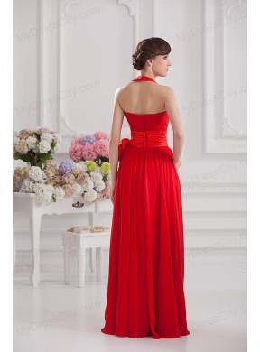 Ruching and Bowknot Halter Top Empire Prom Dress in Red