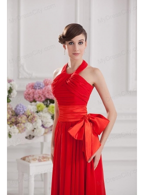 Ruching and Bowknot Halter Top Empire Prom Dress in Red