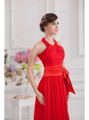 Ruching and Bowknot Halter Top Empire Prom Dress in Red