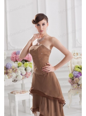 Saddle Brown A-line Strapless Chiffon High-low Prom Dress with Beading