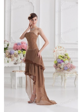 Saddle Brown A-line Strapless Chiffon High-low Prom Dress with Beading