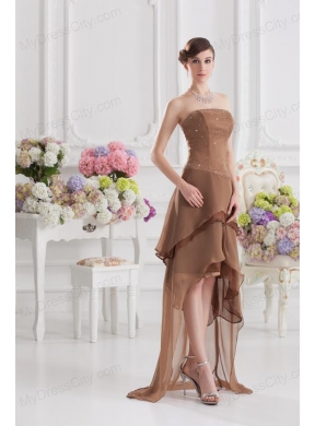 Saddle Brown A-line Strapless Chiffon High-low Prom Dress with Beading