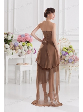 Saddle Brown A-line Strapless Chiffon High-low Prom Dress with Beading