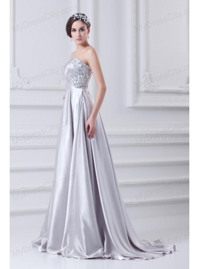 Silver A-line Sweetheart Taffeta Beading Brush Train Prom Dress