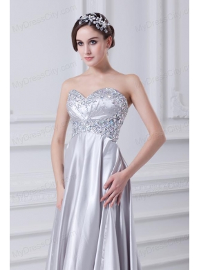 Silver A-line Sweetheart Taffeta Beading Brush Train Prom Dress