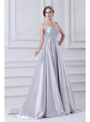 Silver A-line Sweetheart Taffeta Beading Brush Train Prom Dress