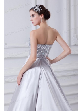 Silver A-line Sweetheart Taffeta Beading Brush Train Prom Dress