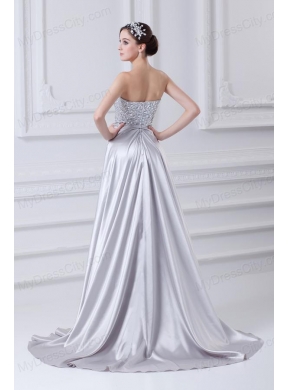 Silver A-line Sweetheart Taffeta Beading Brush Train Prom Dress